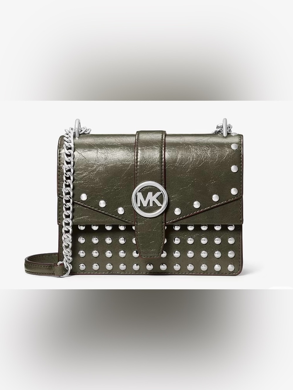 Michael Kors Olive Green Studded Leather Crossbody Bag with Silver Hardware